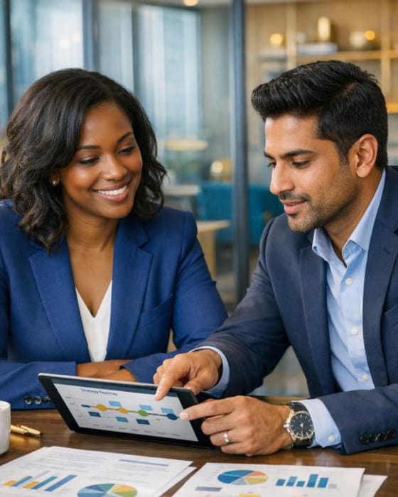 Two executives reviewing a document together