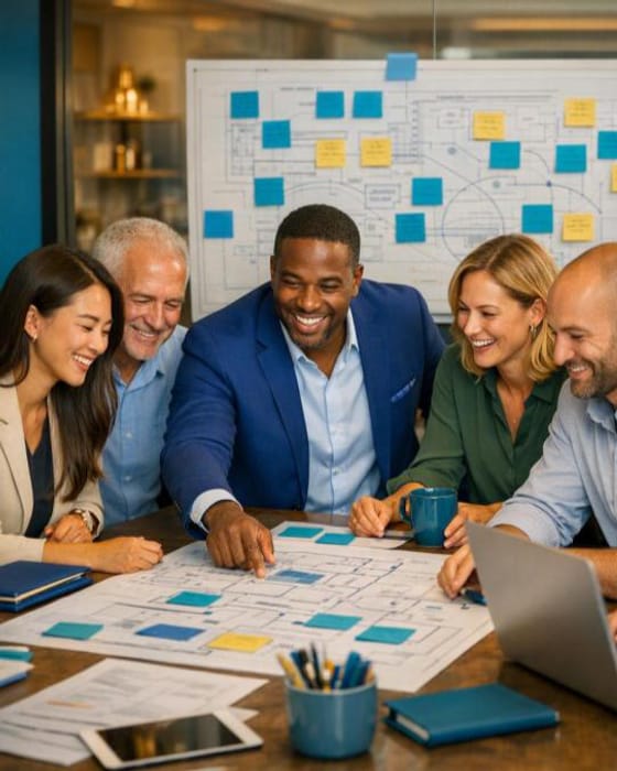 A workshop group planning with sticky notes around a table