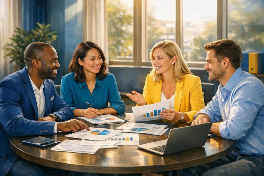 A team reviewing printed charts and a laptop around a meeting table