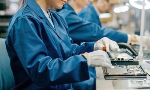 Technicians assembling electronic hardware at a workbench